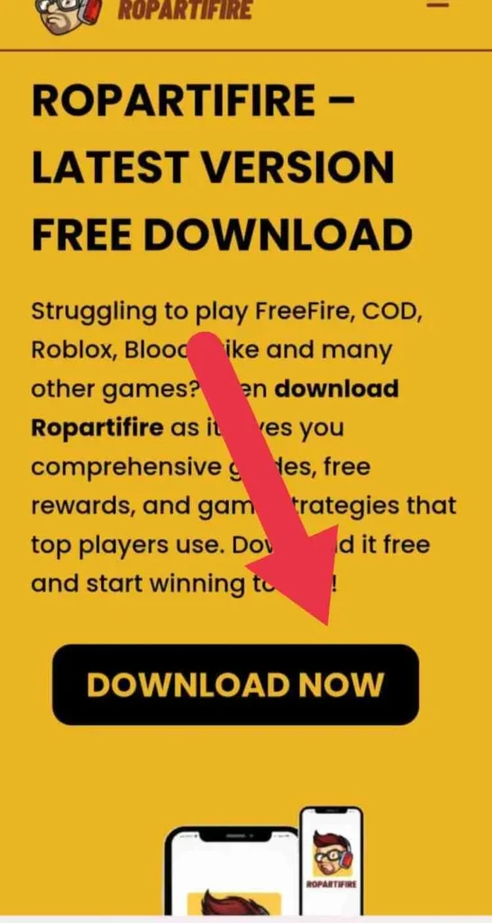 Ropartifire download page with yellow “Download Now” button