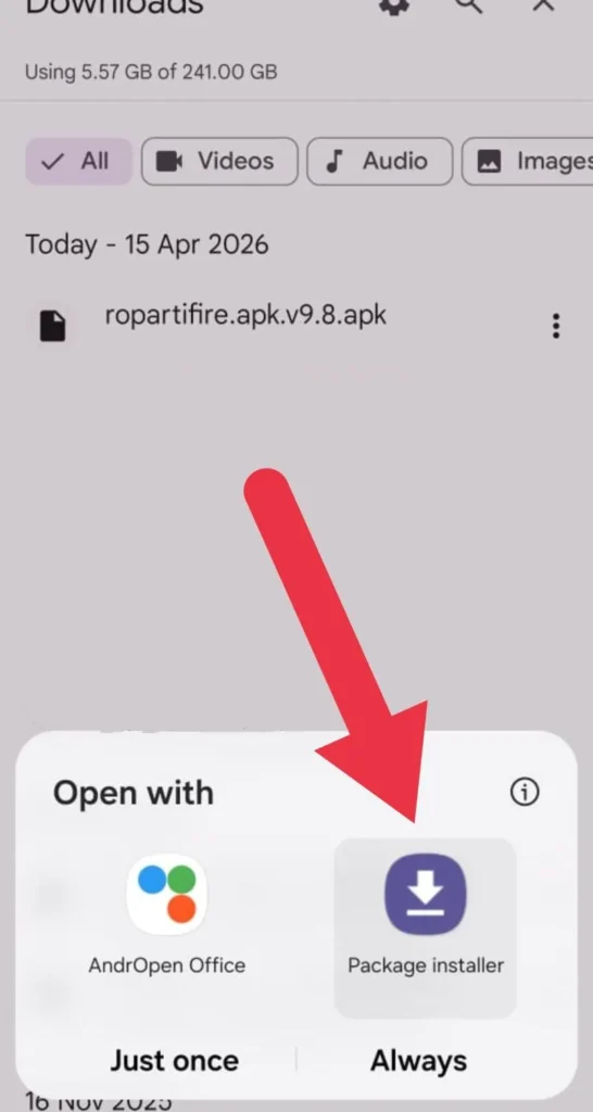 Selecting package installer to open Ropartifire APK file