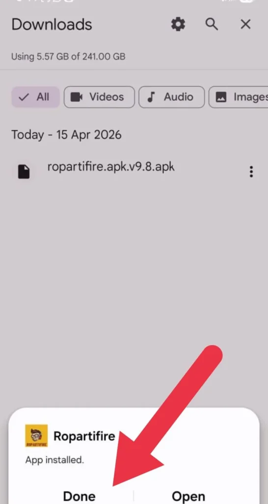 Ropartifire app installed successfully with open button